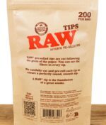 Rückseite des RAW 200er Pack Pre-Rolled Tips Beutels mit Produktbeschreibung