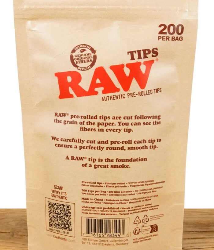 Rückseite des RAW 200er Pack Pre-Rolled Tips Beutels mit Produktbeschreibung
