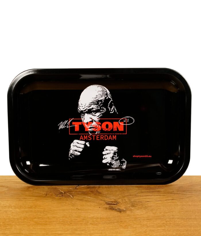 Tyson 2.0 Rolling Tray mit Boxing Mike Logo in Rot auf Holzbrett