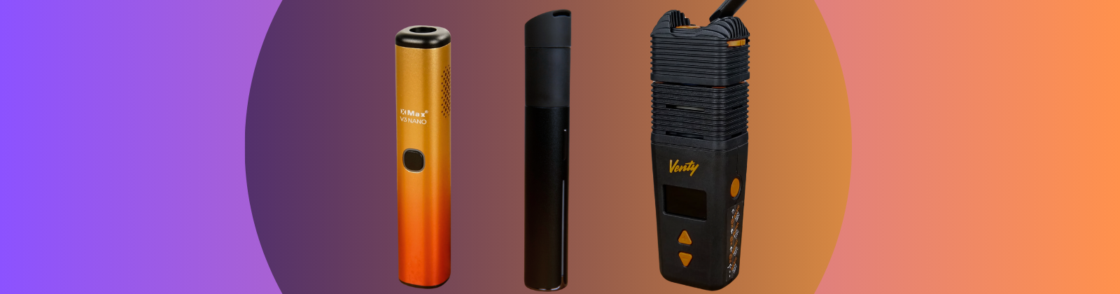 Drei der besten tragbaren Vaporizer auf farbigem Verlaufshintergrund: XMAX V3 Nano, Puffco Pivot, und Storz & Bickel Venty.