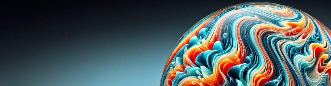 Heady Glass Premium Glaskunst-Murmel im Wig Wag Design mit Feuer- und Wasserfarben vor einem blauen Hintergrund.