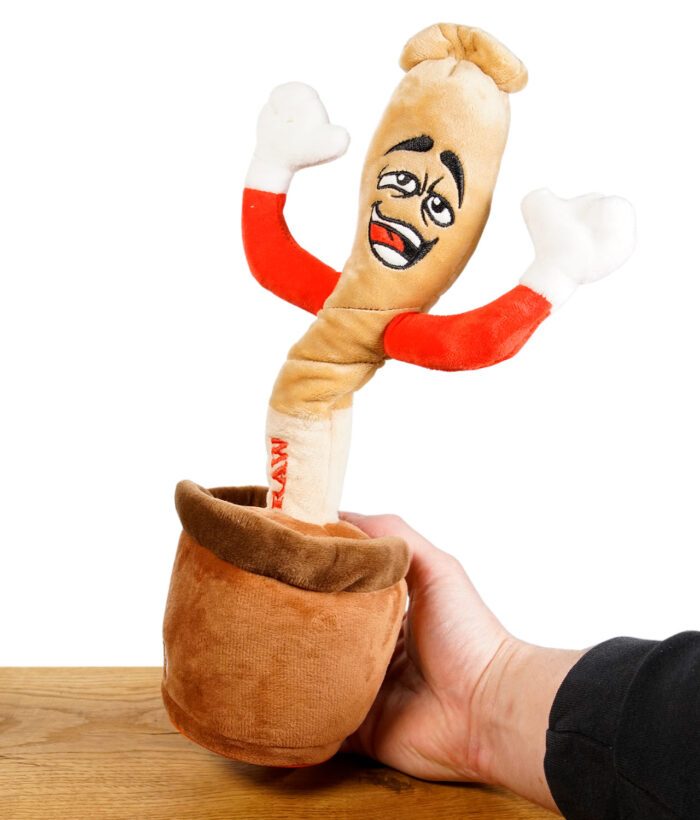 RAW Doobie Dancer von einer Hand gehalten auf einem Holztisch vor weißem Hintergrund