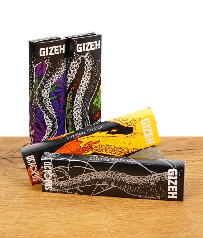 GIZEH x Octopus King Size Papers vor weißem Hintergrund auf einem Holzbrett liegend