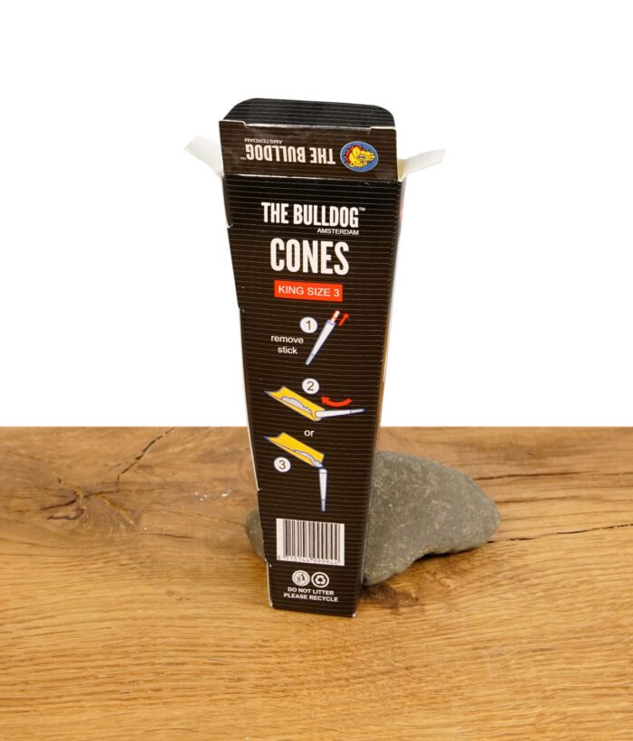 Rückseite der The Bulldog Cones King Size 3 Verpackung mit Anweisungen zur Nutzung der Cones.