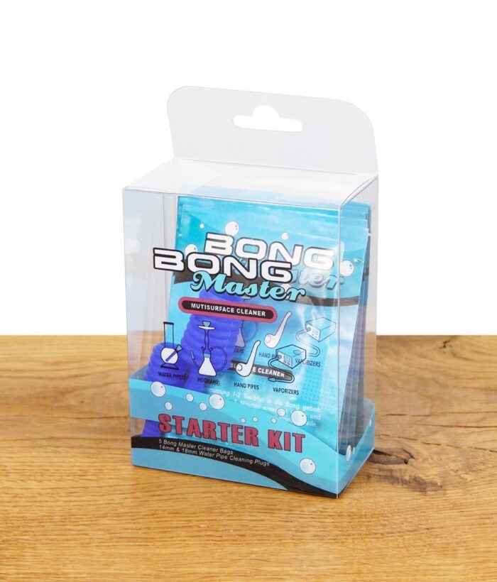 Versiegelte Verpackung des Bong Master Starter Kits mit Reinigungsmitteln für Wasserpfeifen.
