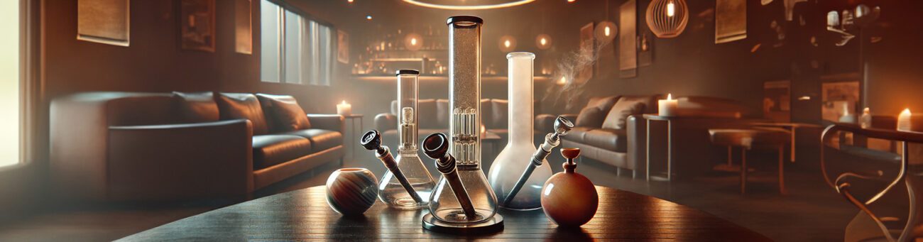 Verschiedene Glasbongs in stilvoller Lounge-Atmosphäre auf einem Holztisch, umgeben von warmem Kerzenlicht und modernen Sofas.“
