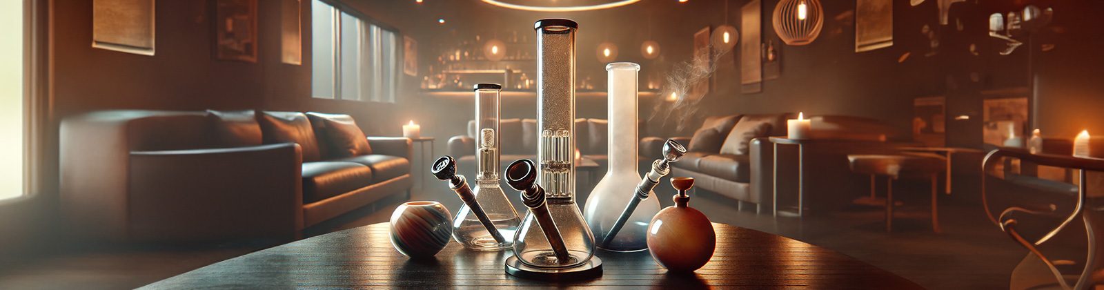Verschiedene Glasbongs in stilvoller Lounge-Atmosphäre auf einem Holztisch, umgeben von warmem Kerzenlicht und modernen Sofas.“