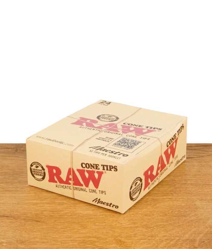 Geschlossene Verkaufsbox der RAW Cone Tips Maestro mit 24 Heftchen, platziert auf einer Holzoberfläche.