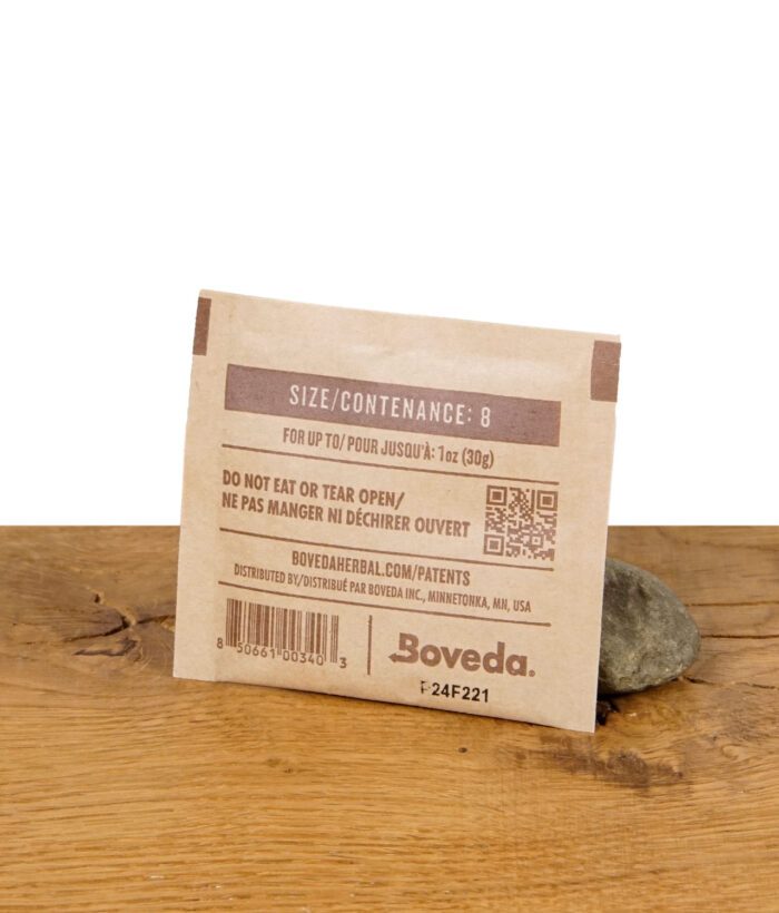 Rückseite des Boveda 58% Feuchtigkeitspacks – Produktinformationen, Barcode und QR-Code für die richtige Anwendung.