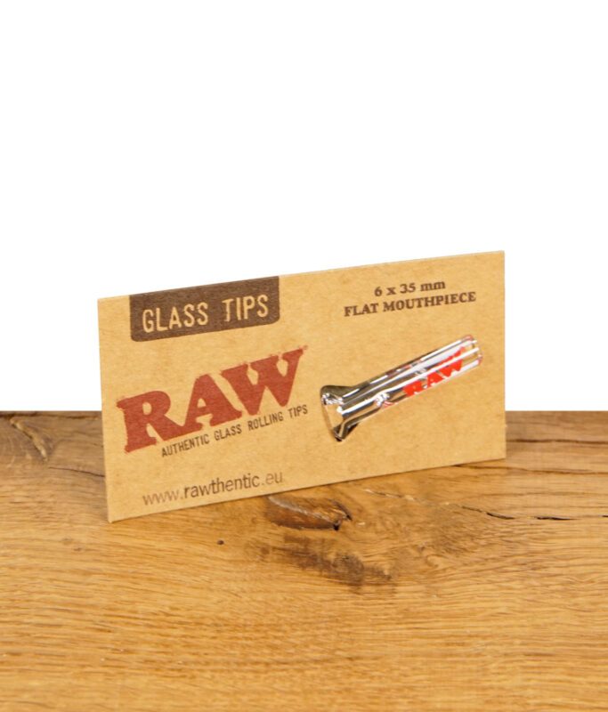 RAW Glass Tip Flat Mouthpiece in Originalverpackung auf Holztisch.