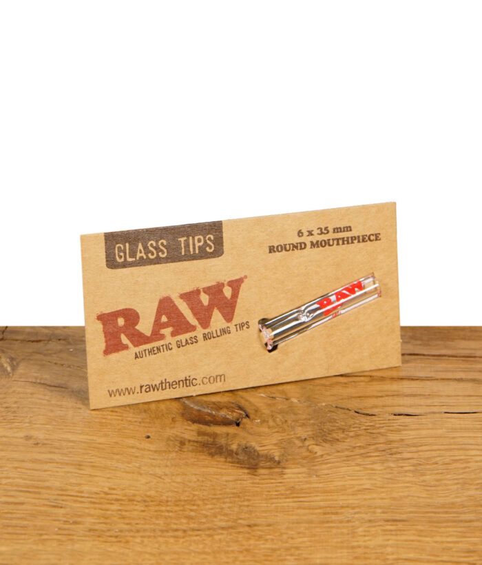 RAW Glass Tip Round Mouthpiece in Originalverpackung auf Holztisch.