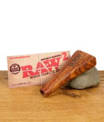 RAW Double Barrel Wooden Cigarette Holder aus Holz mit Verpackung und Beileger, perfekt für doppelte Sessions.