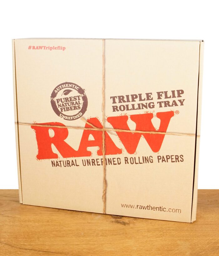 Verpackung des RAW Triple Flip Rolling Tray – Karton mit rotem Logo und Branding