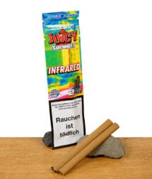 Juicy Zigarrenhülsen Infrared im Zip Pack mit zwei aromatisierten Blunt Wraps – Verpackung mit Thermo-Look und Blunts auf Stein