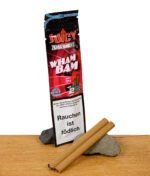 Juicy Zigarrenhülsen Wham Bam – zwei aromatisierte Blunt Wraps vor wiederverschließbarer Verpackung mit Warnhinweis