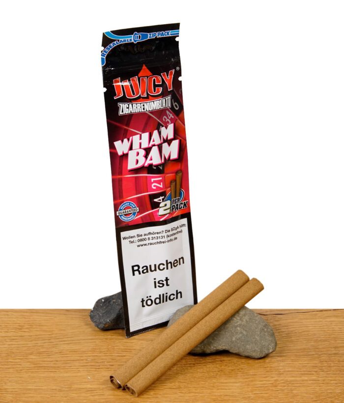 Juicy Zigarrenhülsen Wham Bam – zwei aromatisierte Blunt Wraps vor wiederverschließbarer Verpackung mit Warnhinweis