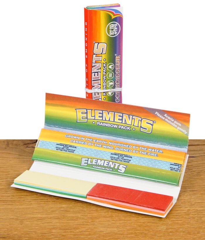 Bunte Elements Connoisseur Papers – King Size Slim Drehpapier mit Tips im Regenbogen-Design