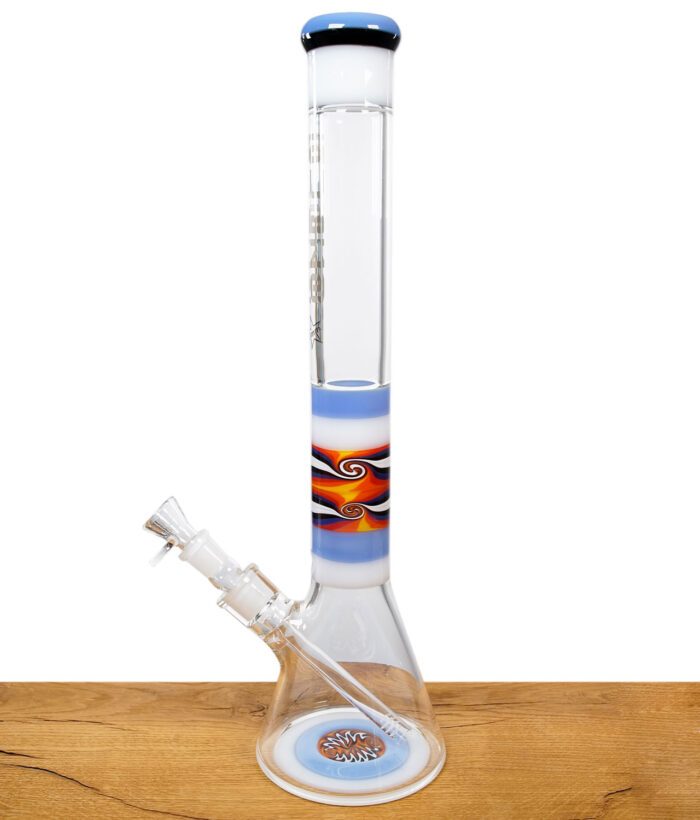 Komplette Blaze Beakerbong 7mm mit Farbverlauf und auffälligem Wig Wag Muster auf stabilem Rundfuß