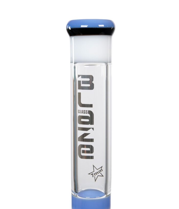 Mundstück der Blaze Beakerbong 7mm mit Farbverlauf und klarem Logo, weiße und blaue Glasakzente