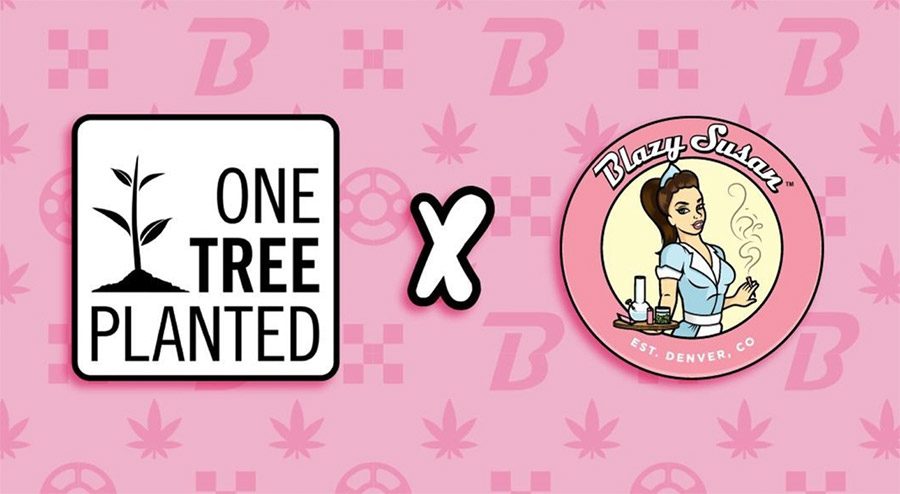 Kooperationsgrafik: Blazy Susan x One Tree Planted auf rosa Hintergrund mit Hanf- und Checker-Design.