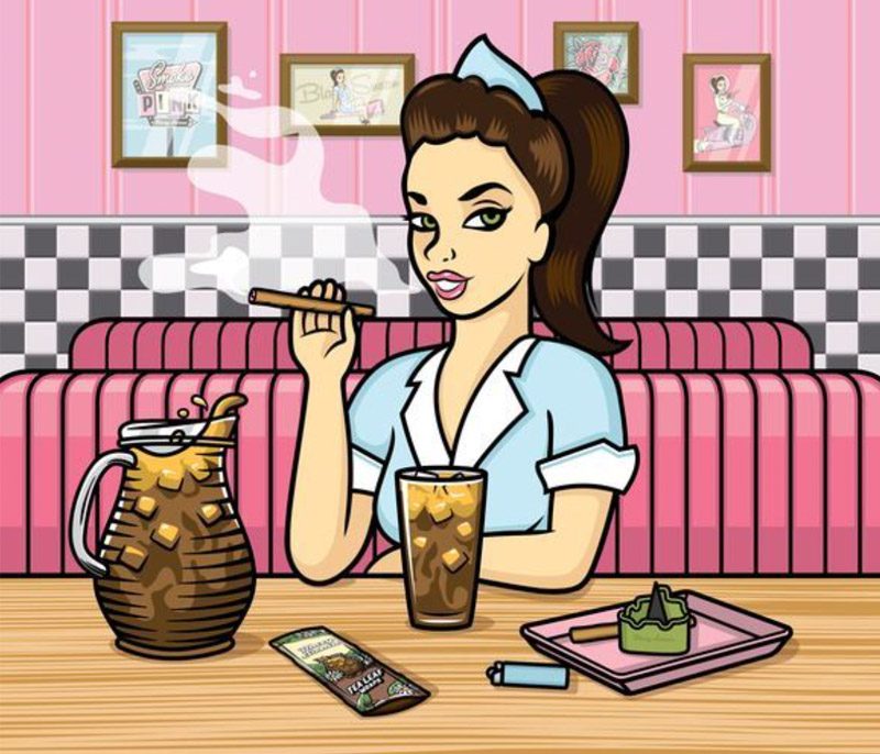 Cartoonfigur von Blazy Susan in einem pinken Diner mit Iced Tea, Joint und Zubehör auf dem Tisch.