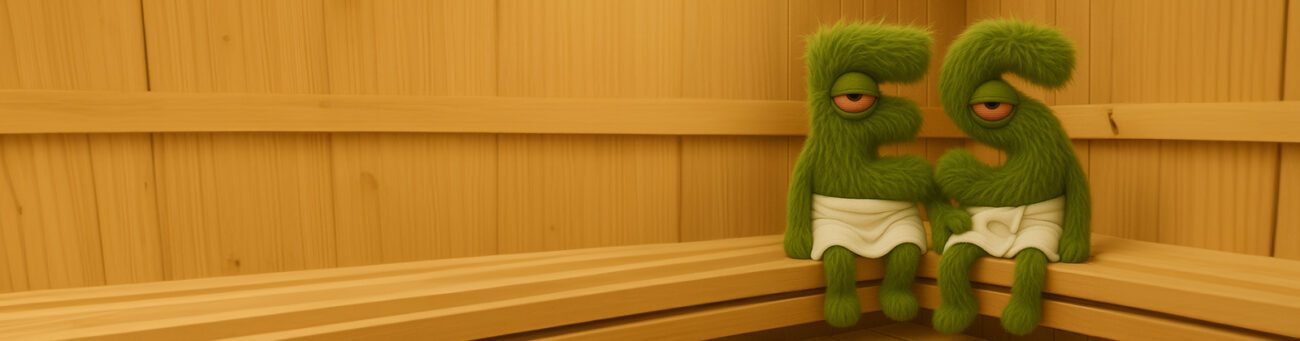 Zwei grüne, plüschige Cartoonfiguren mit müden Augen und Handtüchern entspannen in einer holzverkleideten Sauna – Symbolbild für Cannabis in der Sauna.