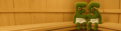 Zwei grüne, plüschige Cartoonfiguren mit müden Augen und Handtüchern entspannen in einer holzverkleideten Sauna – Symbolbild für Cannabis in der Sauna.