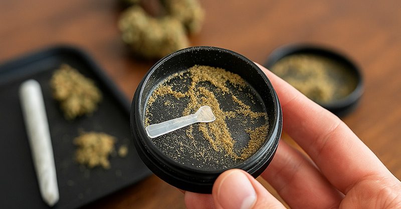 Nahaufnahme einer Hand, die eine Grinder-Siebkammer mit gesammeltem Kief und einem Schaber zeigt
