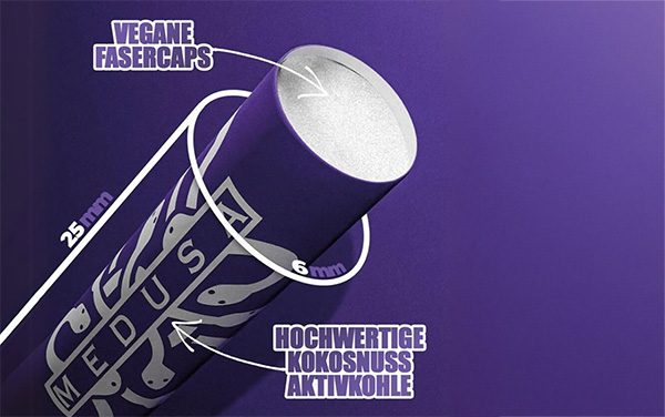 Medusafilters Aktivkohlefilter Violet Edition mit Beschriftungen zu Fasercaps, Kokosnuss Aktivkohle und Maßen
