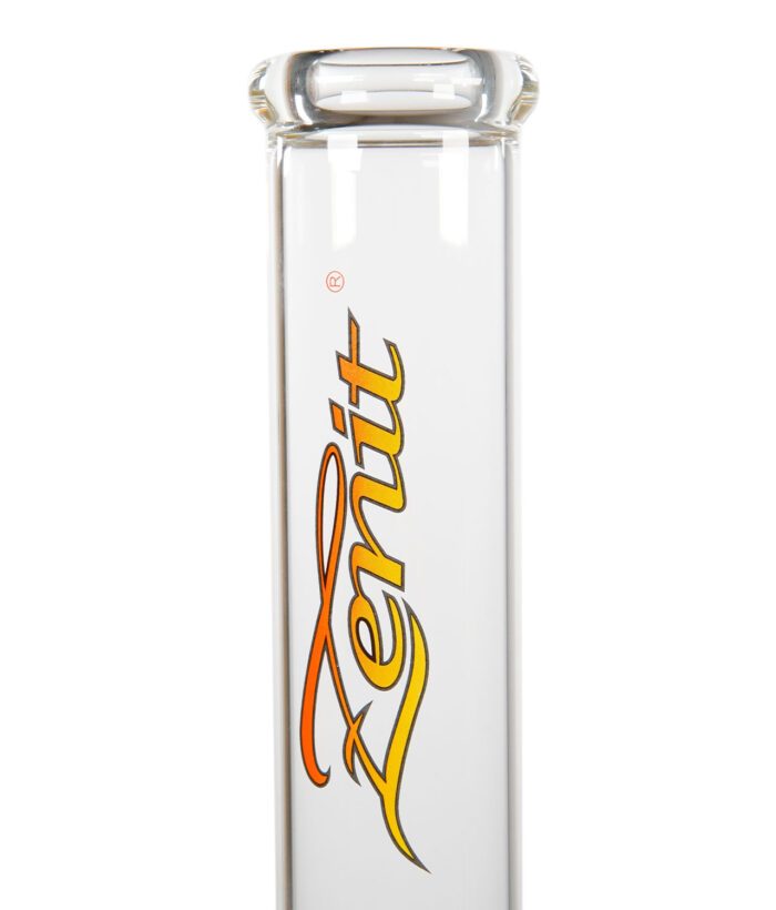 Nahaufnahme des Zenit Logos mit rotem und gelbem Farbverlauf auf der Bong