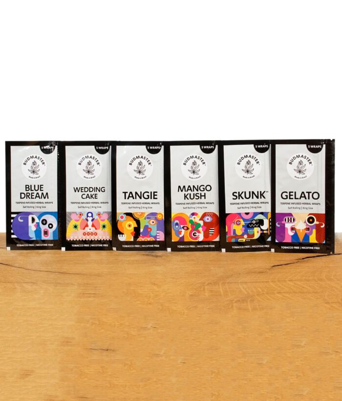 Budmaster Blunts 5er Pack – alle sechs Sorten nebeneinander aufgestellt (Blue Dream, Wedding Cake, Tangie, Mango Kush, Skunk, Gelato)