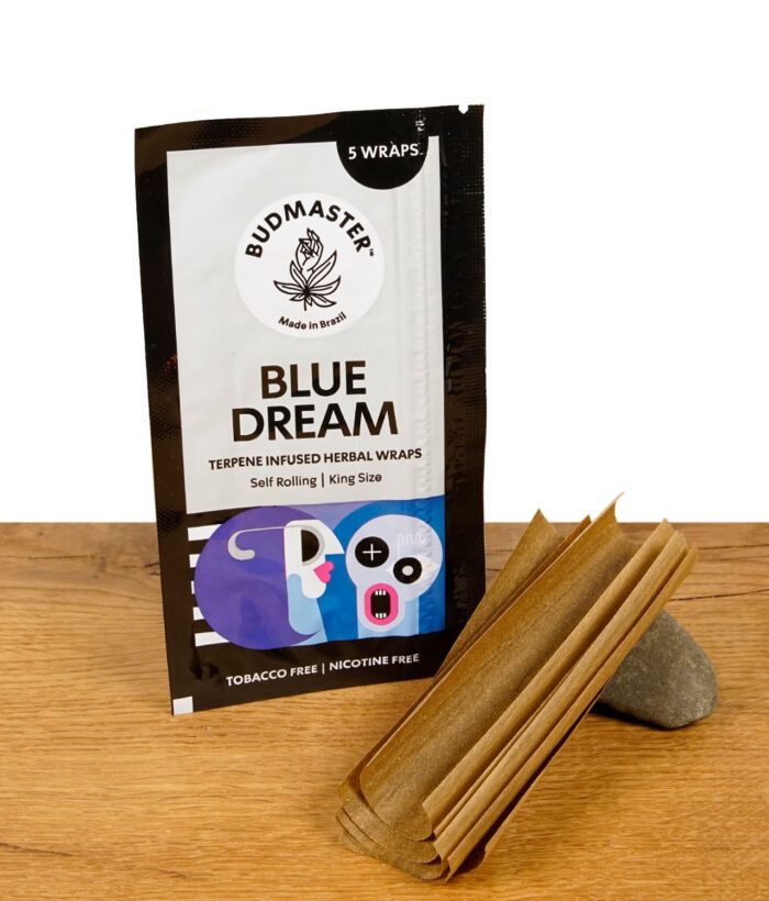 Budmaster Blue Dream Packung mit fünf entfalteten Blunts davor