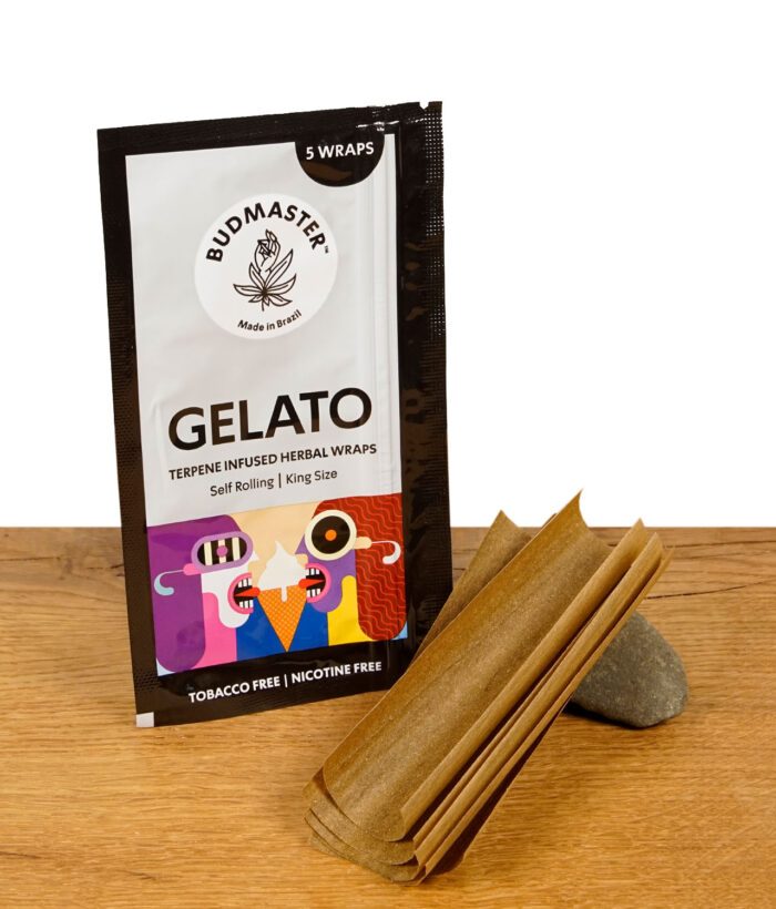 Budmaster Gelato Packung mit fünf entfalteten Blunts davor