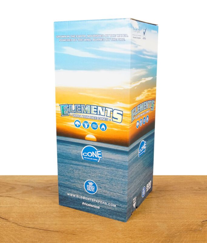 Verpackung der Elements Ultra Thin Rice Cones 800er Box mit Sonnenuntergangsdesign