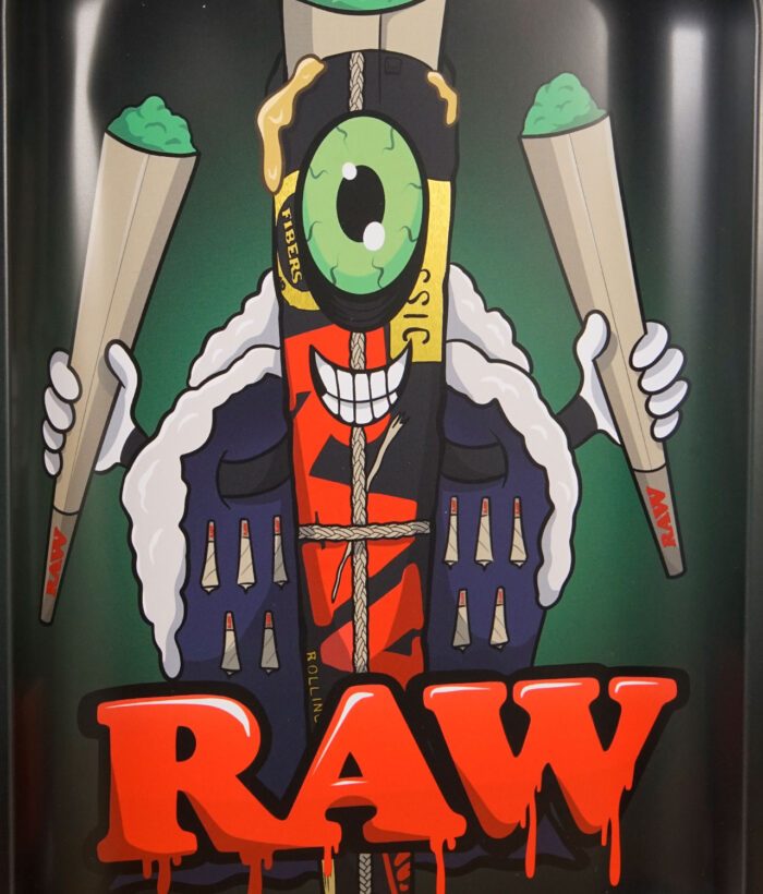 Detailansicht des RAW Cone Monster Designs – Comic-Charakter aus Cone mit grünem Auge, Mantel und mehreren Joints