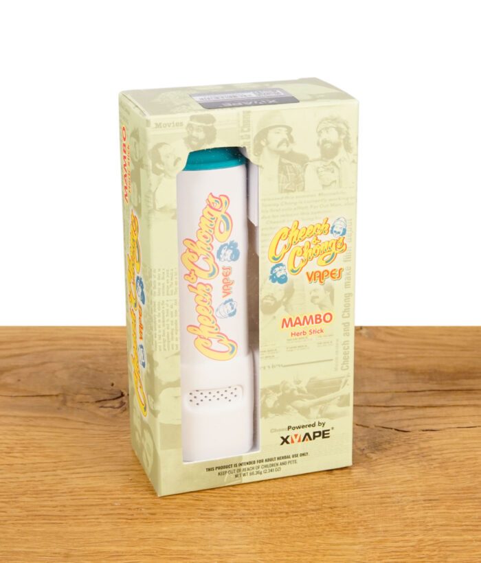 Verpackung des XVAPE Cheech & Chong Mambo Vaporizers mit Sichtfenster – zeigt das Gerät im Retro-Cheech-und-Chong-Design.