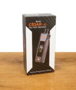 Verpackung des Black Leaf Cigar X1 Dry Herb Vaporizers mit Abbildung des Geräts und Temperaturanzeige.