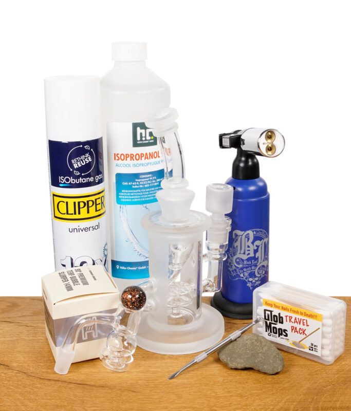 Komplettes Dabbing Starterset mit Isopropanol, Glasbubbler, Banger, Gasbrenner, Dabber, Carb Cap und Glob Mops