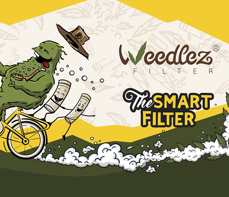 Illustration von Weedlez Filter-Maskottchen auf Fahrrad mit zwei tanzenden Aktivkohlefiltern