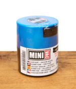 Vorderseite eines blauen Tightvac MINIVAC Vakuum-Behälters mit Produktinformationen und Vakuumhinweis.