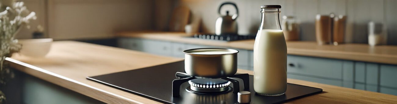 Milchflasche und Kochtopf auf Herd in moderner Küche – Vaporizer mit Milch auskochen