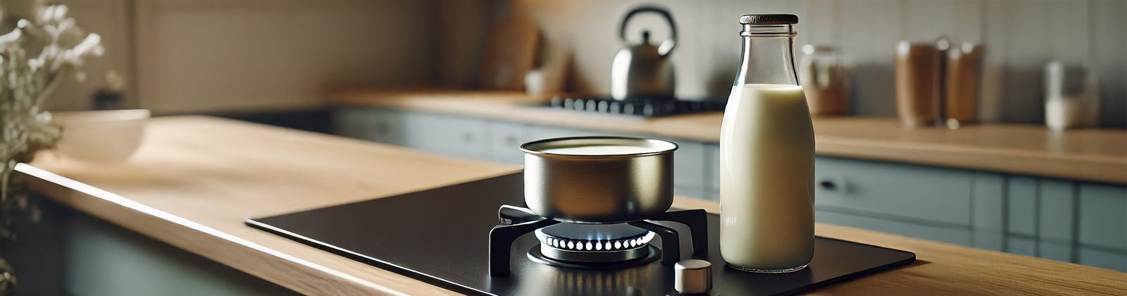 Milchflasche und Kochtopf auf Herd in moderner Küche – Vaporizer mit Milch auskochen
