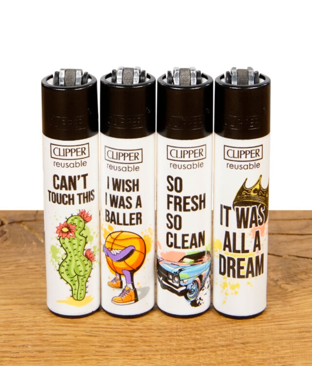 Set aus vier Clipper Feuerzeugen mit Hip-Hop Sprüchen und bunten Illustrationen
