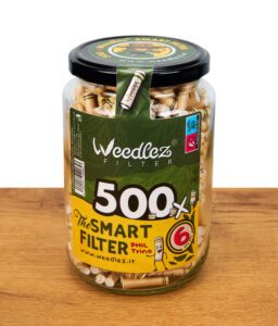 Großes Glas Weedlez Smart Filter mit 500 Aktivkohlefiltern à 6 mm