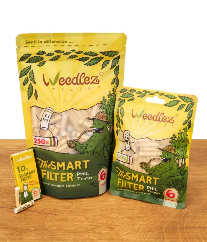 Gruppenbild der Weedlez Smart Filter 10er-, 50er- und 250er-Packs nebeneinander aufgestellt.