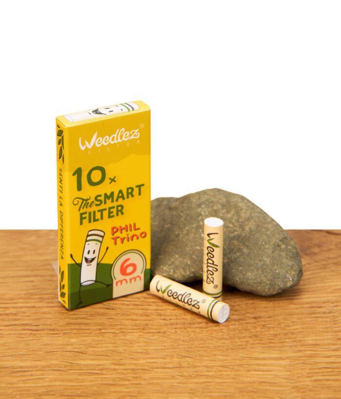 Nahaufnahme des Weedlez Smart Filter 10er-Packs mit zwei Filtern vor einer Packung, platziert auf einem Stein.