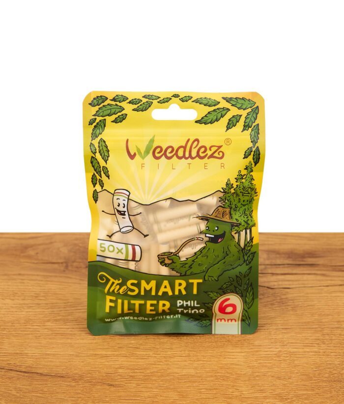 Weedlez Smart Filter 50er-Pack mit leuchtendem Design, stehende Produktaufnahme auf Holzuntergrund.
