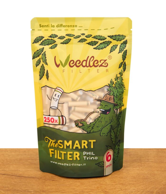 Frontansicht des großen Weedlez Smart Filter 250er-Packs mit gelb-grünem Design und durchsichtigem Sichtfenster.