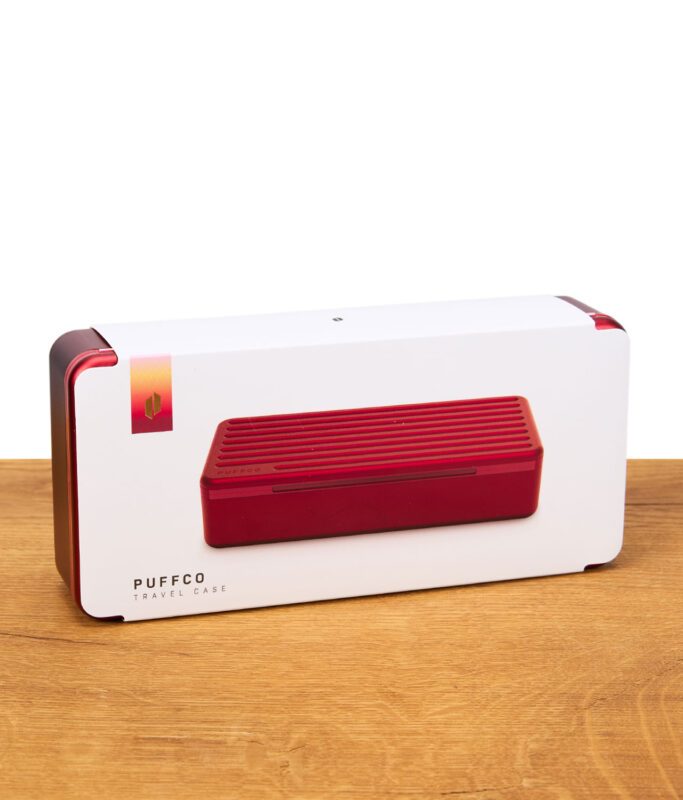 Verpackung der Puffco Travel Case Daybreak in Weiß mit Produktabbildung