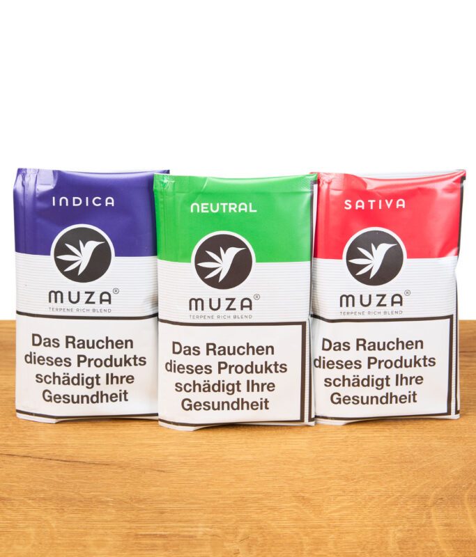 MUZA Tabakersatz Indica, Neutral und Sativa in einer Gruppenaufnahme